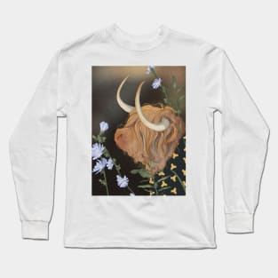 Mythical Highland Cow Chicory Flowers Long Sleeve T-Shirt